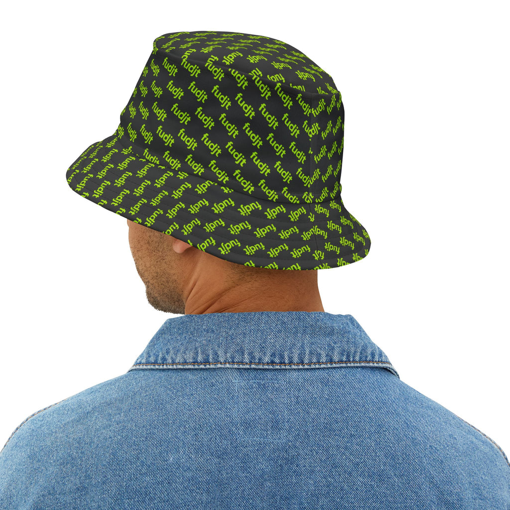 Trendy Lime Green fudjt All Over on Black Bucket Hat