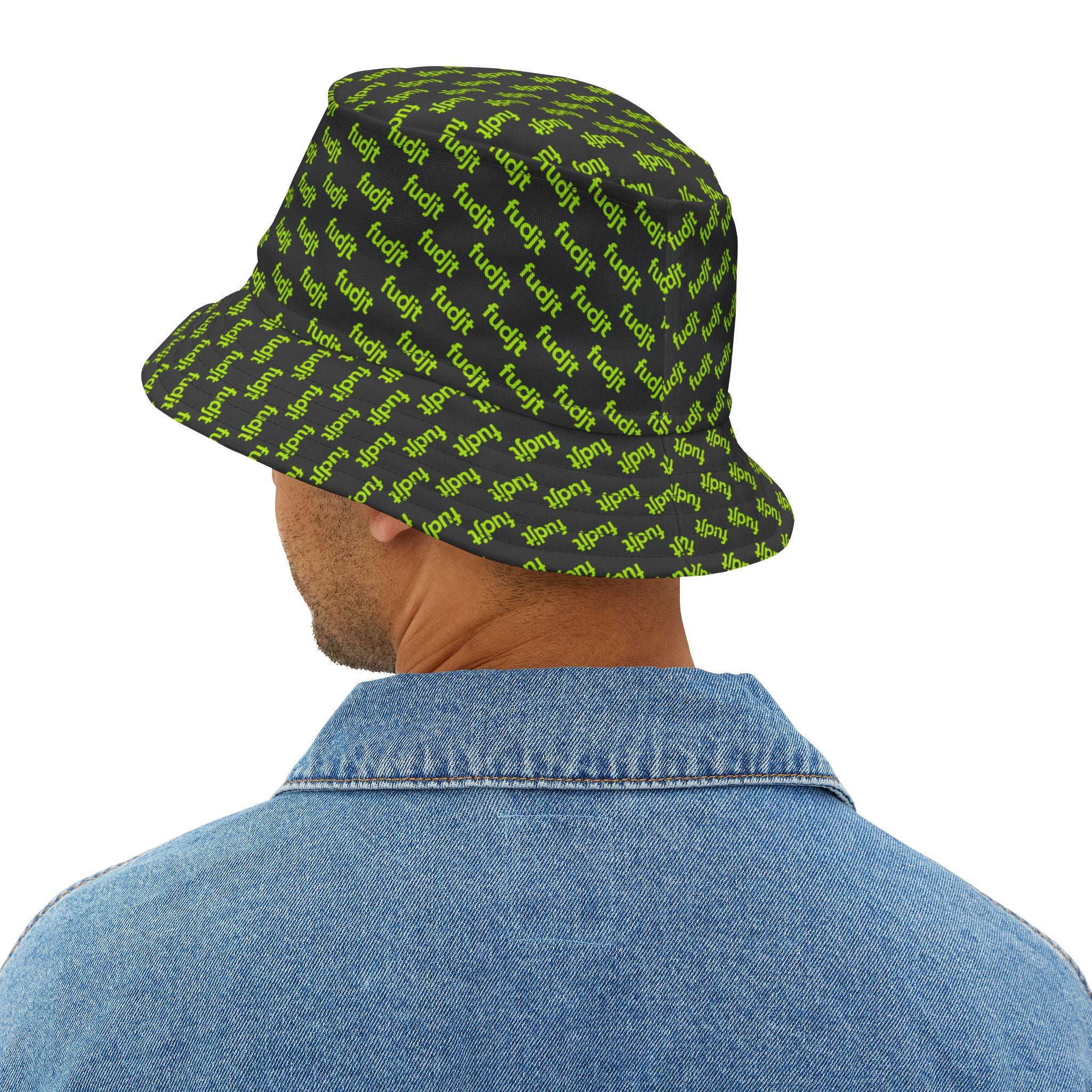 Trendy Lime Green fudjt All Over on Black Bucket Hat