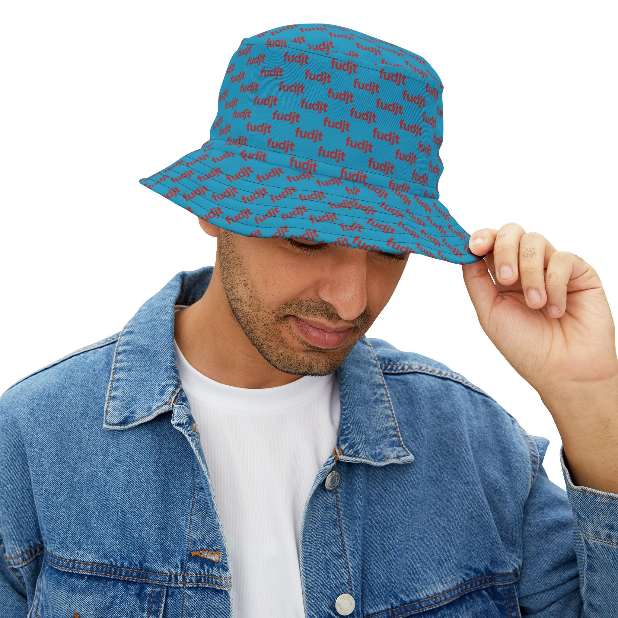 Trendy Red fudjt All Over on Turquoise Bucket Hat