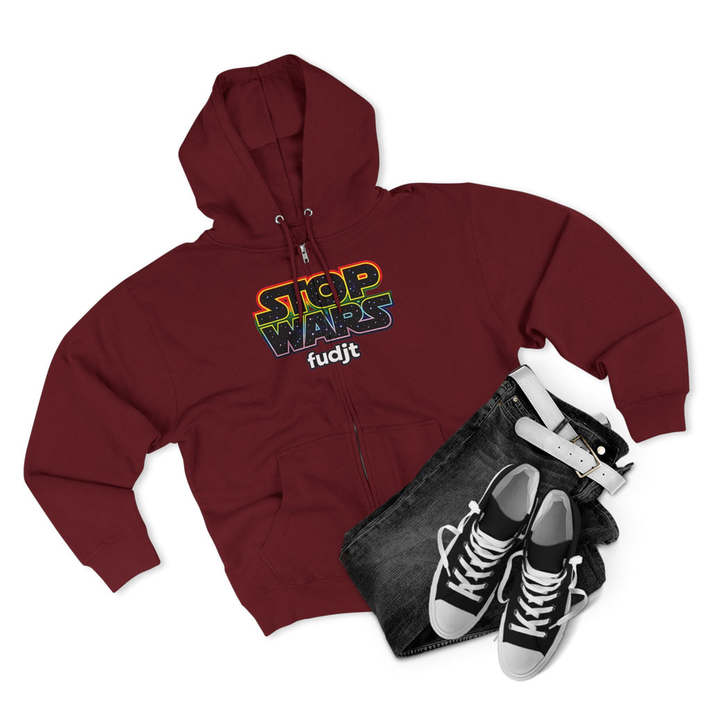 fudjt Stop Wars Zip Hoodie | Front & Back Graphic, White fudjt | 6 Colors