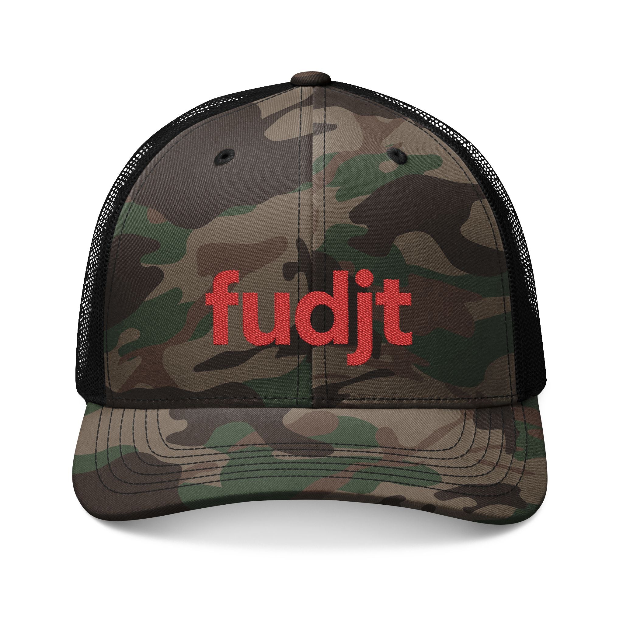 Camouflage Trucker Hat with Red fudjt Logo Embroidery | 3 Colors