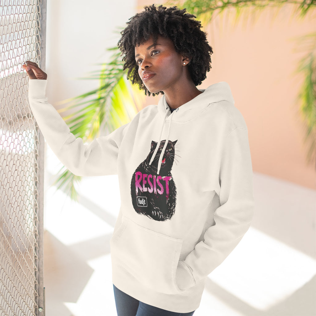 fudjt RESIST Hoodie – Premium Fleece Pullover with Black Pussycat Graphic | 14 Colors