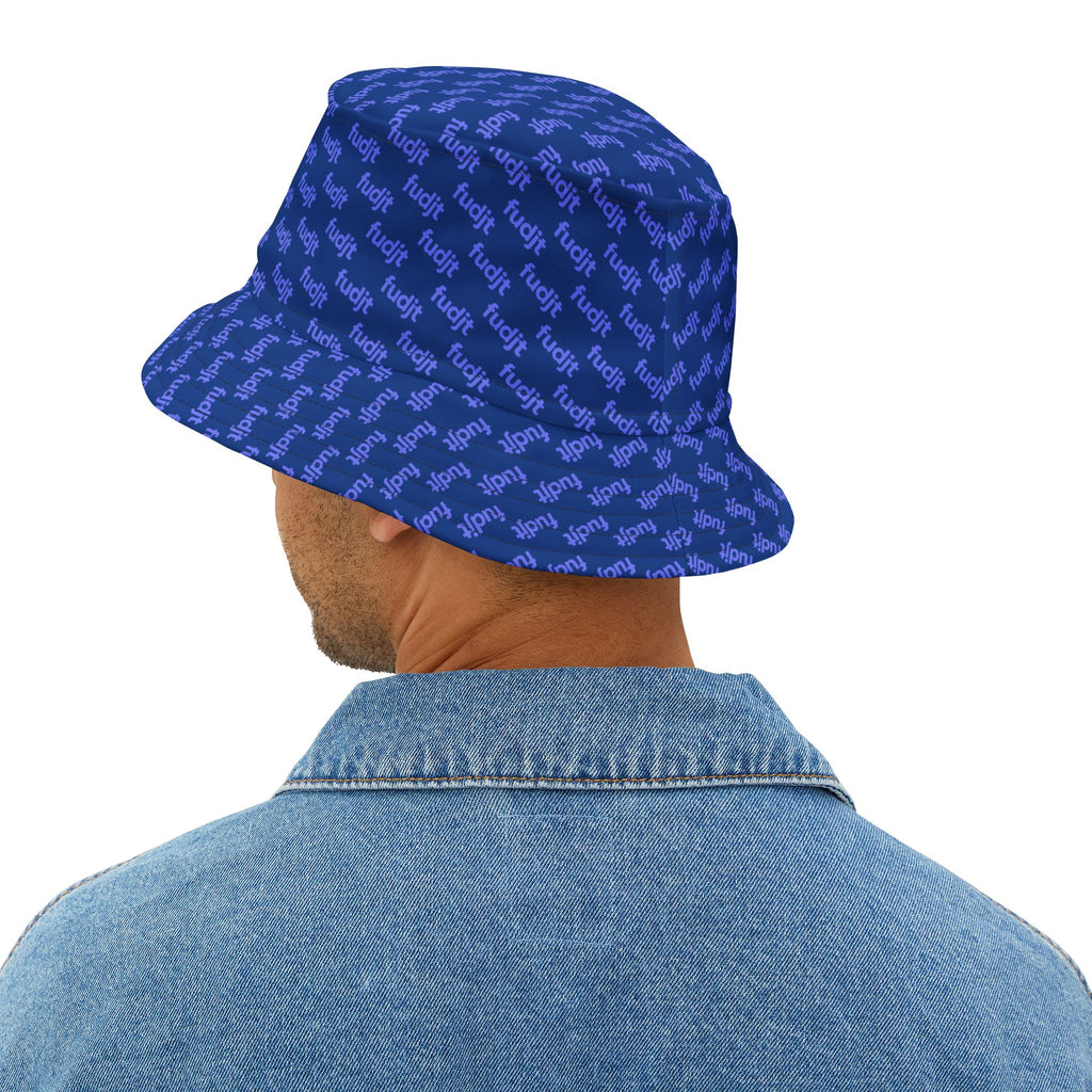 Trendy Light Blue fudjt All Over on Dark Blue Bucket Hat