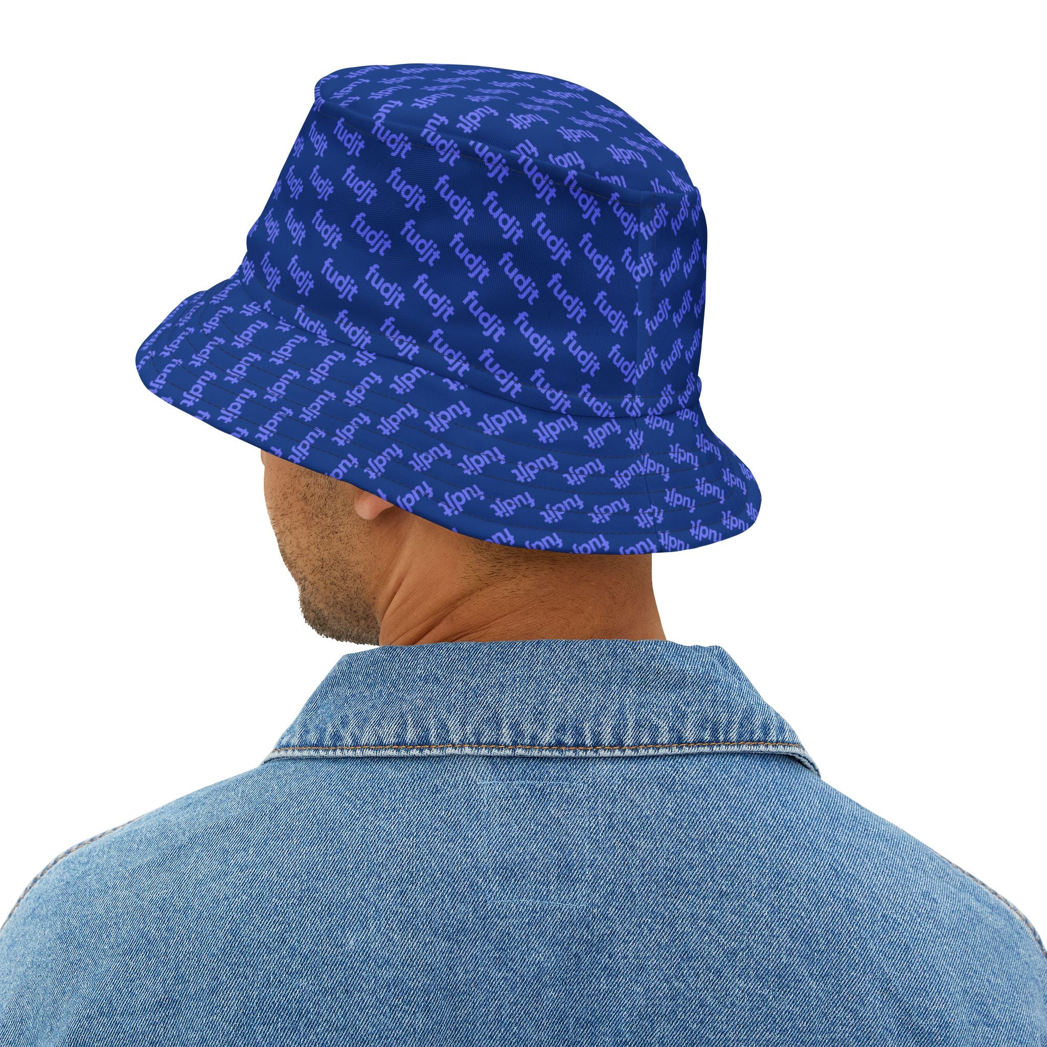 Trendy Light Blue fudjt All Over on Dark Blue Bucket Hat