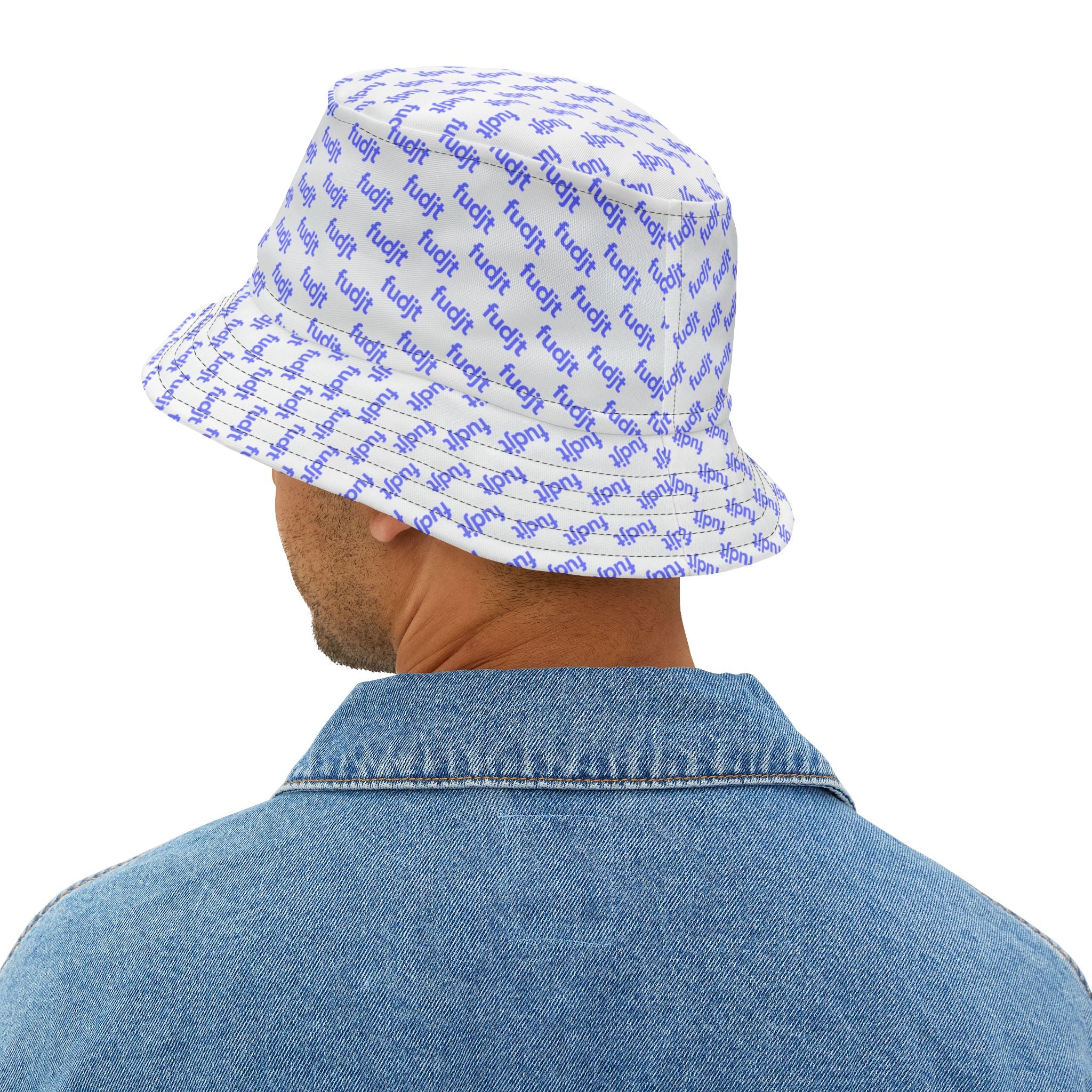 Trendy Light Blue fudjt All Over on White Bucket Hat