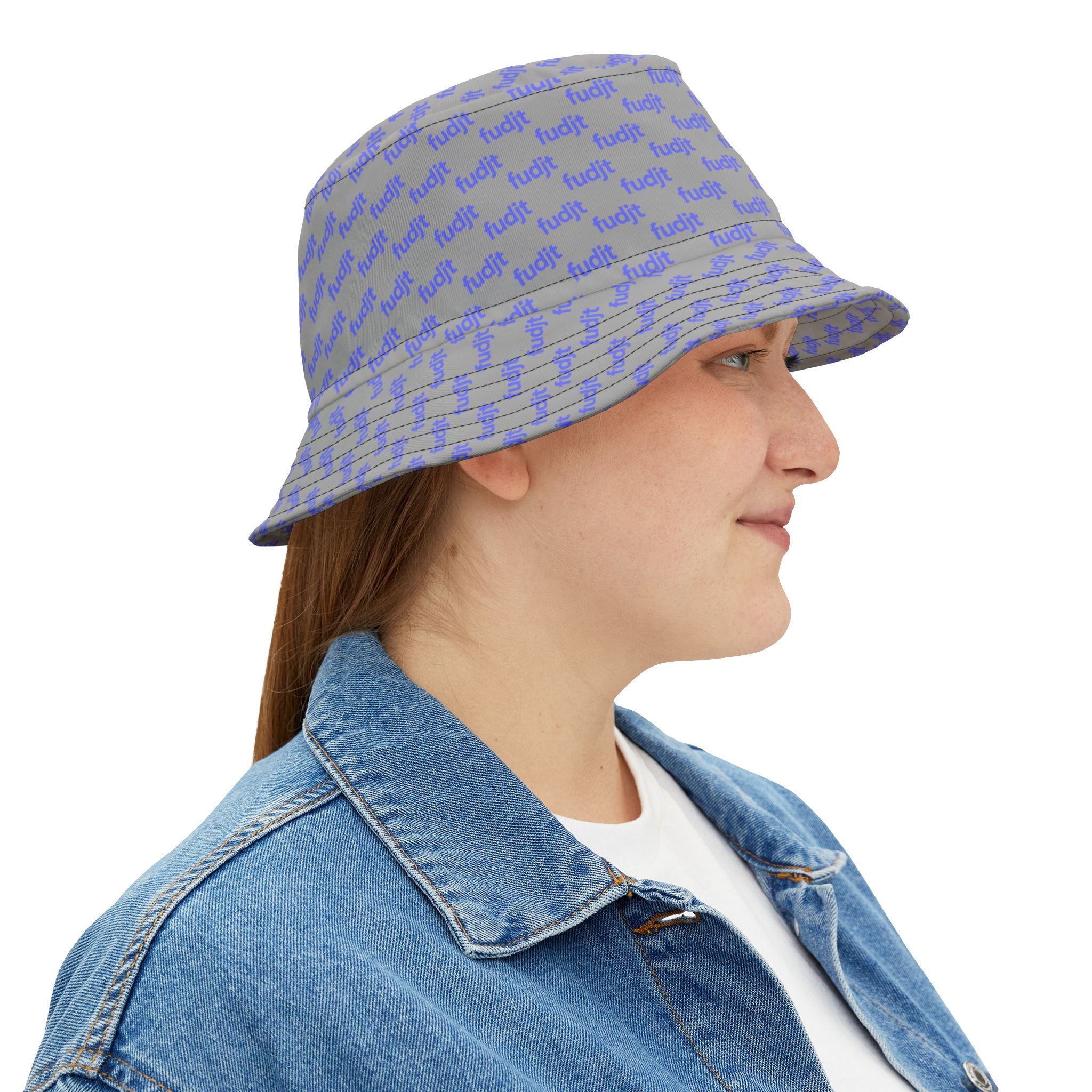 Trendy Light Blue fudjt All Over on Light Gray Bucket Hat