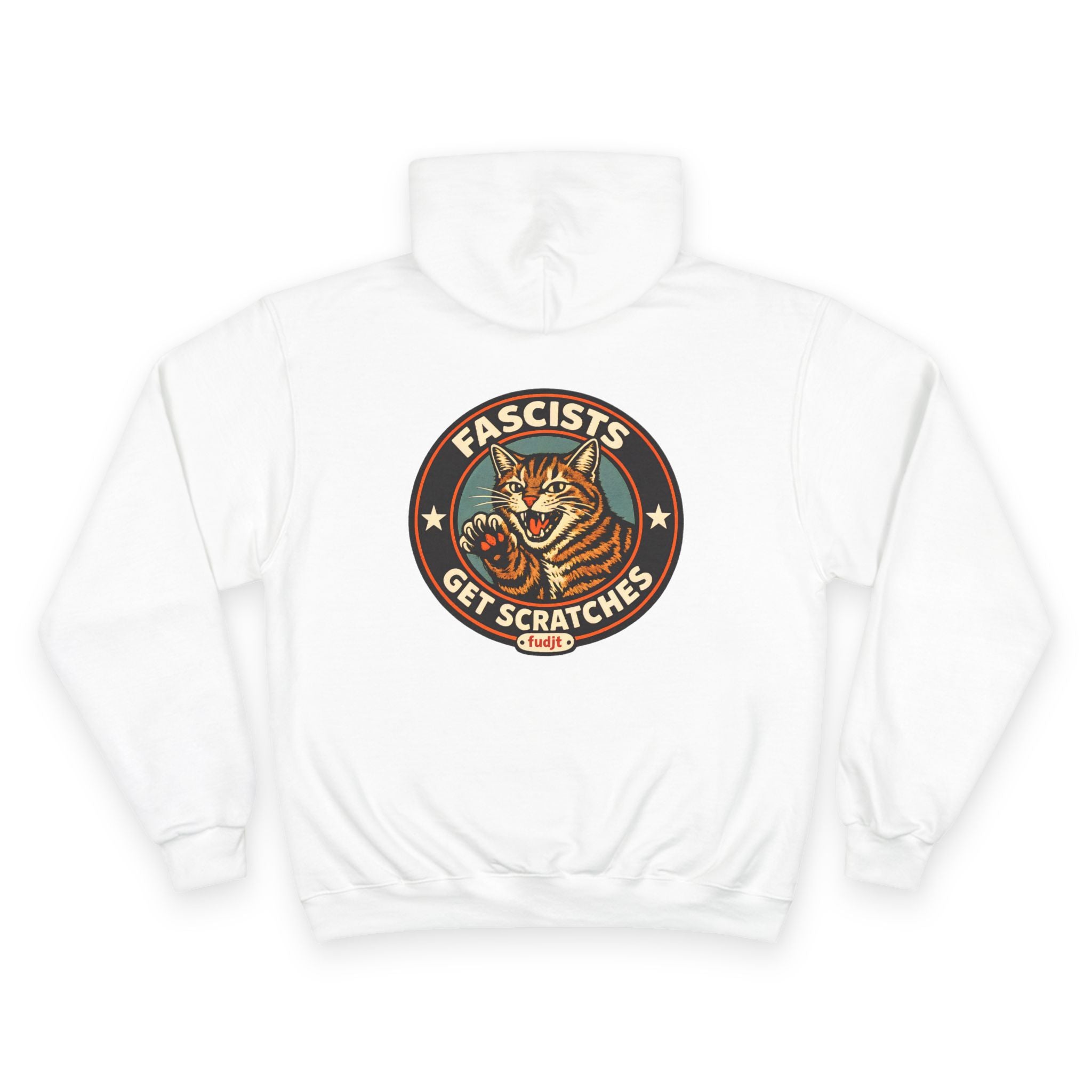 Fascists Get Scratches / No Tyrants Champion Cat Hoodie | Front & Back Graphics | 7 Colors