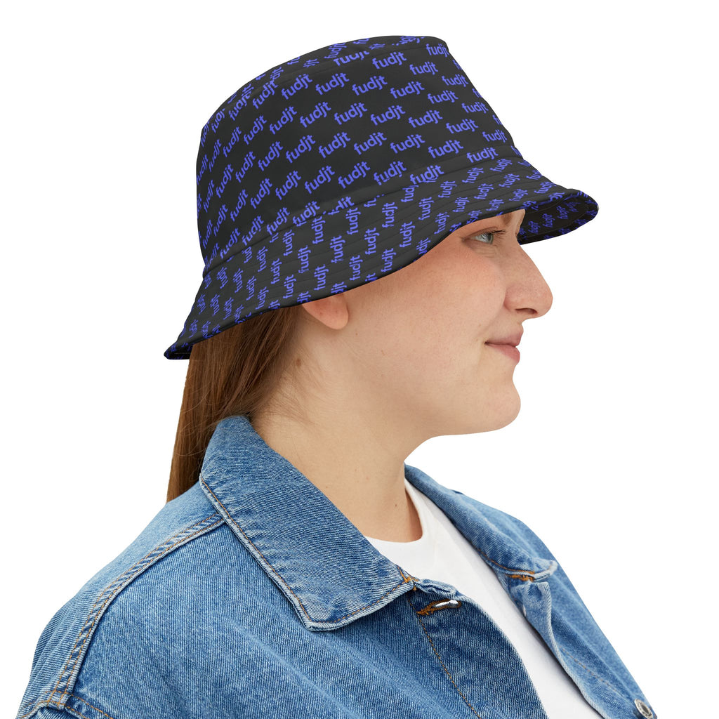 Trendy Light Blue fudjt All Over on Black Bucket Hat