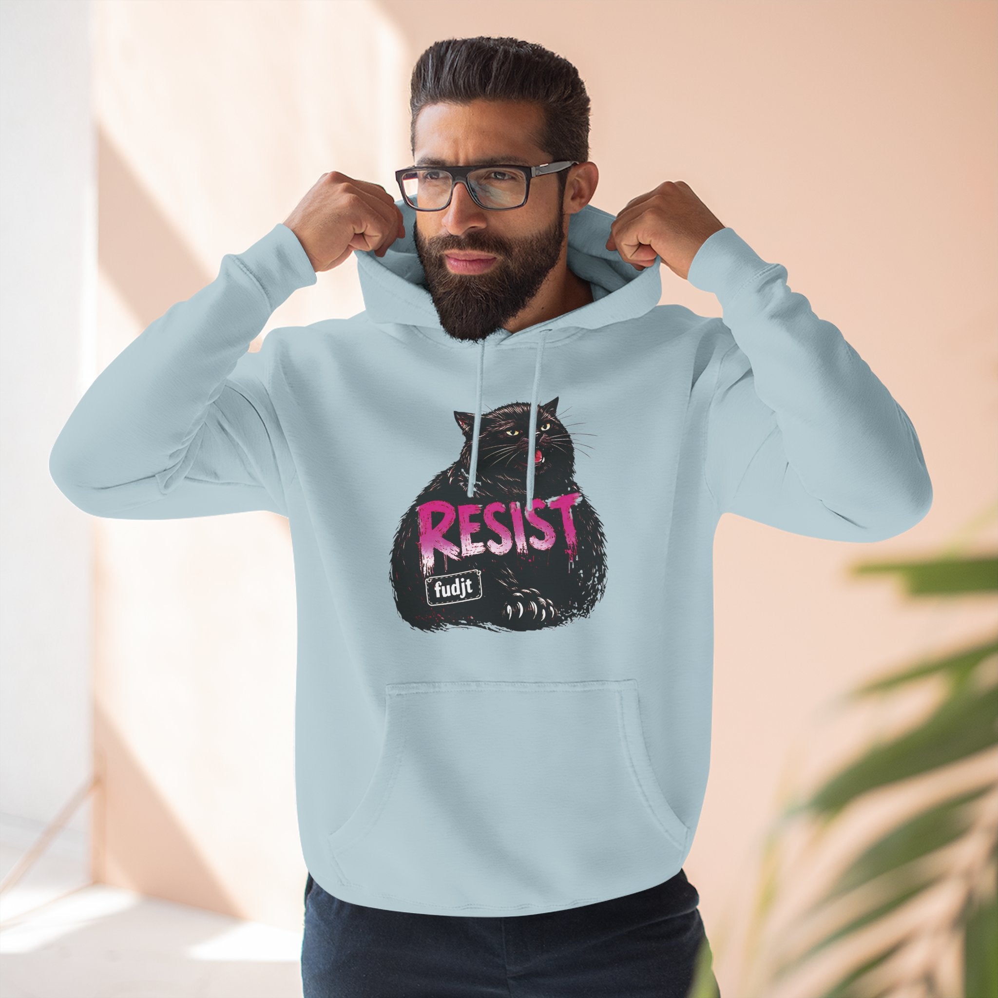 fudjt RESIST Hoodie – Premium Fleece Pullover with Black Pussycat Graphic | 14 Colors