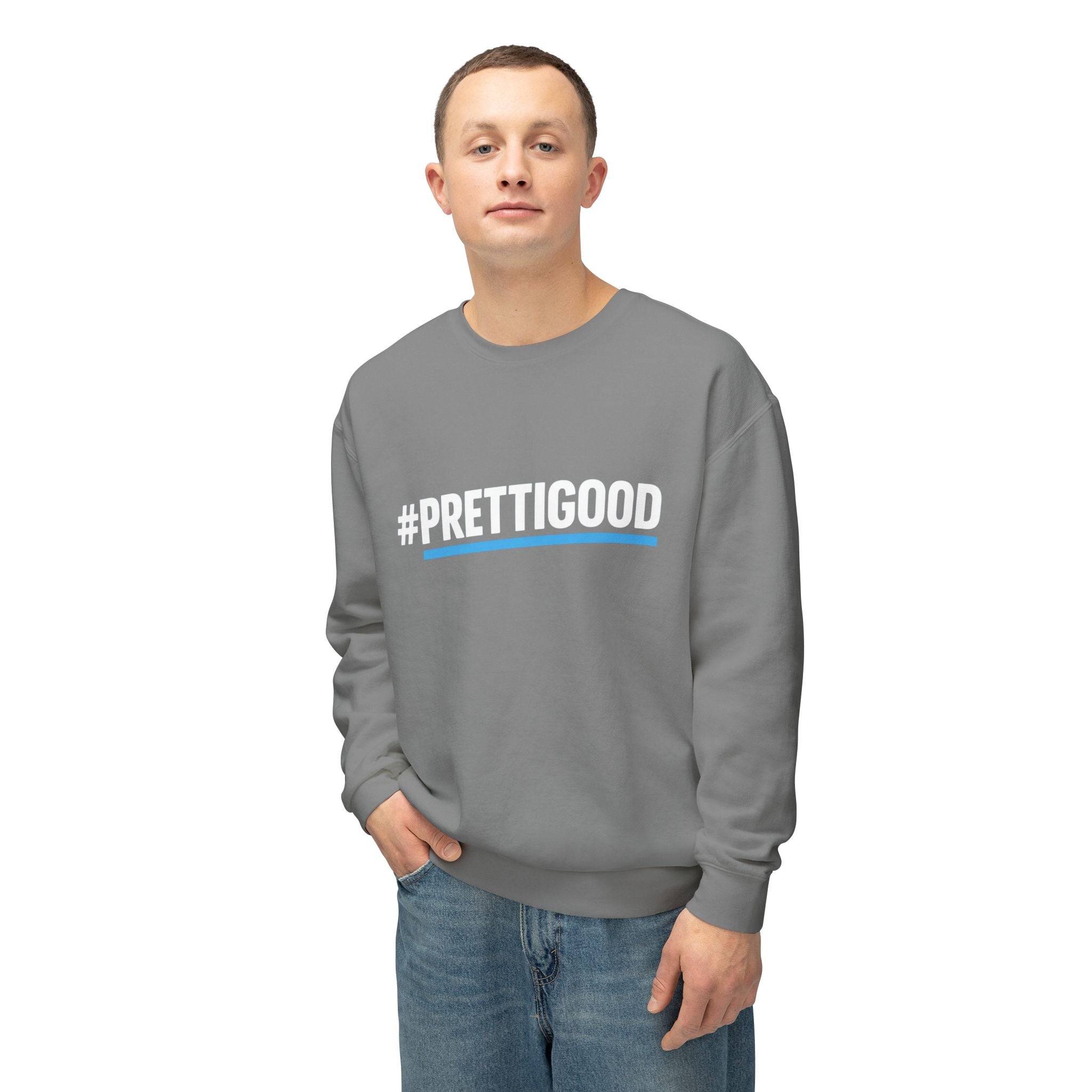 #PrettiGood Crewneck Sweatshirt — Blue Star Graphic Backside, Premium Casual Pullover | 7 Colors