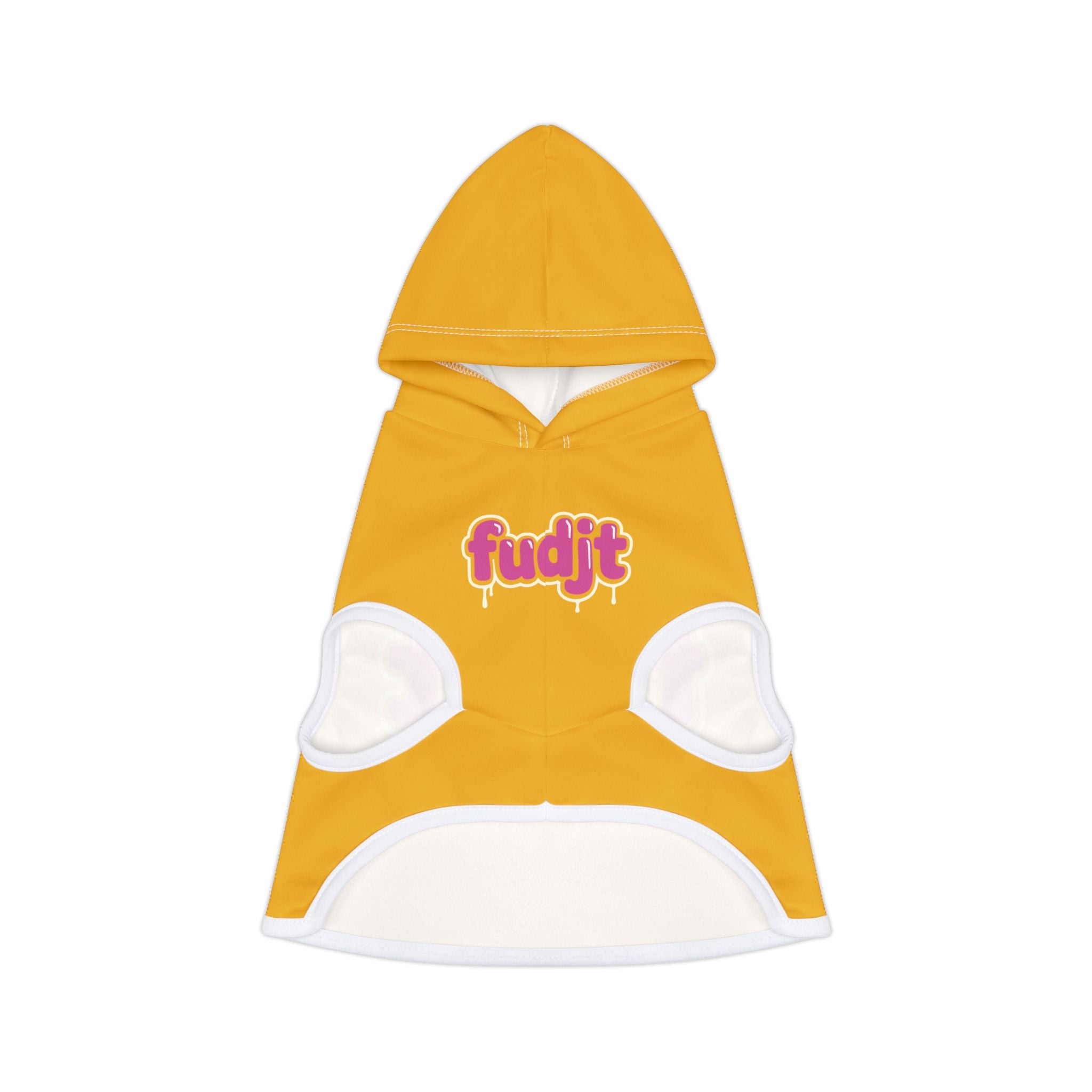 Yellow fudjt Pet Hoodie with Pink Drip Design