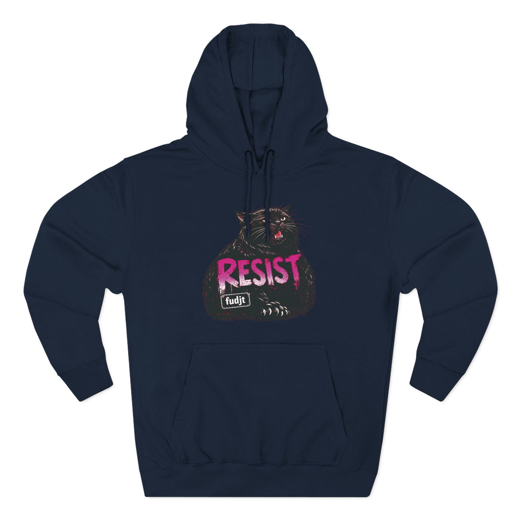 fudjt RESIST Hoodie – Premium Fleece Pullover with Black Pussycat Graphic | 14 Colors