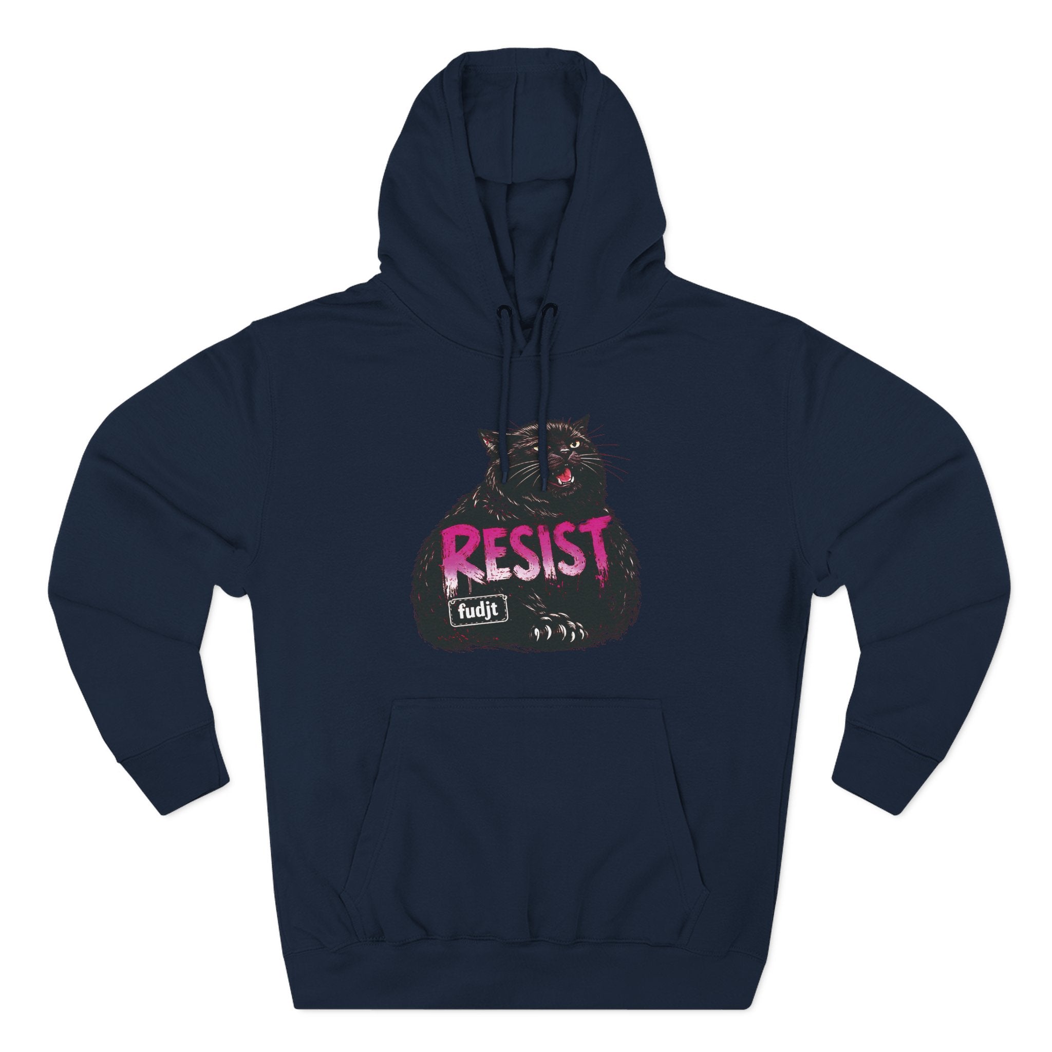 fudjt RESIST Hoodie – Premium Fleece Pullover with Black Pussycat Graphic | 14 Colors