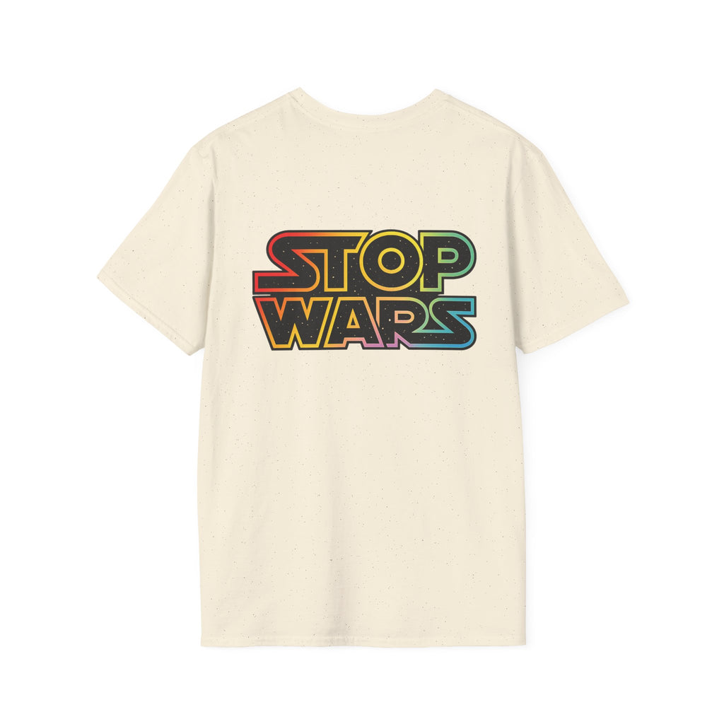 fudjt "STOP WARS" Retro Rainbow Anti-War Everyday Soft & Stylish Tee | Front & Back Graphic, Black fudjt | 7 Colors