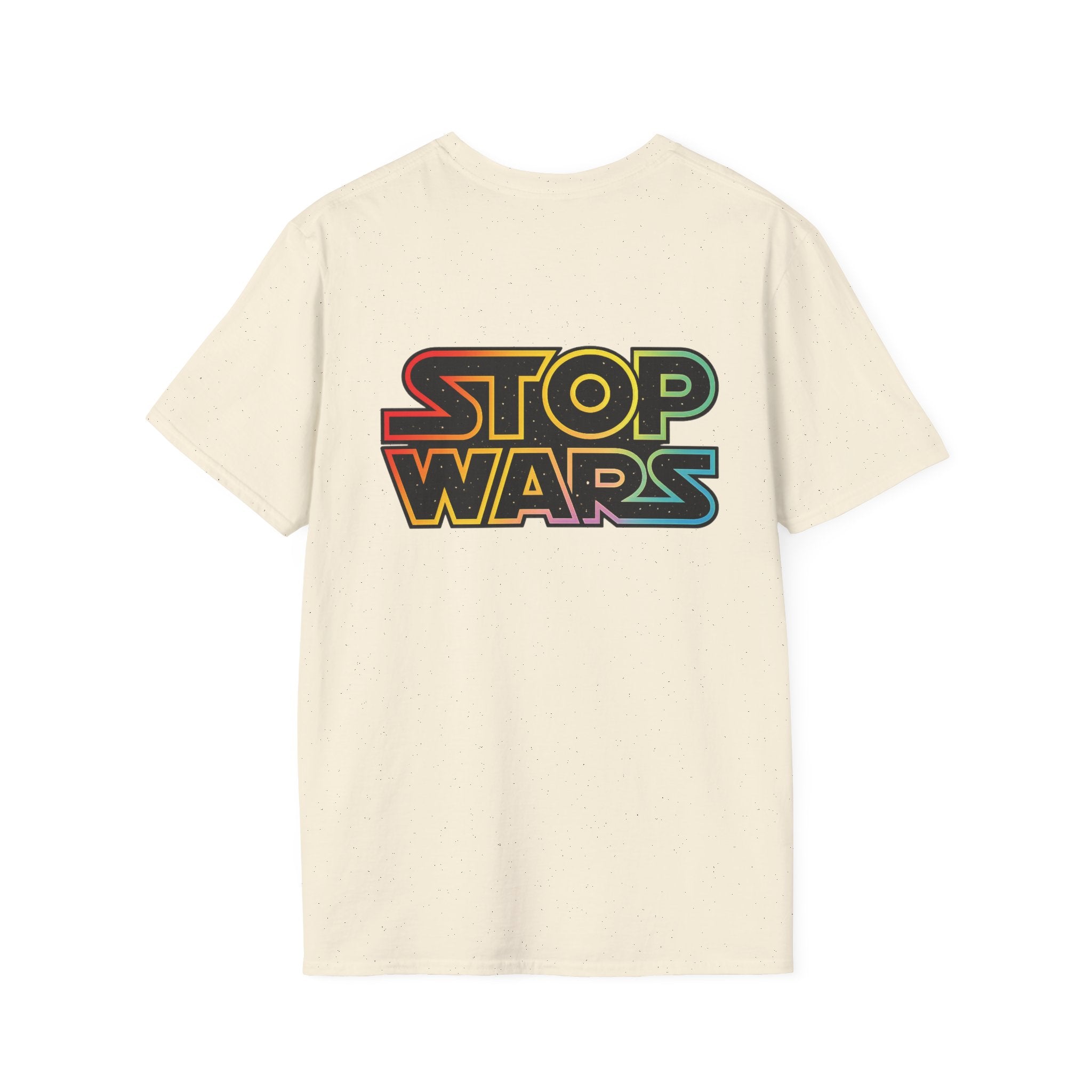 fudjt "STOP WARS" Retro Rainbow Anti-War Everyday Soft & Stylish Tee | Front & Back Graphic, Black fudjt | 7 Colors