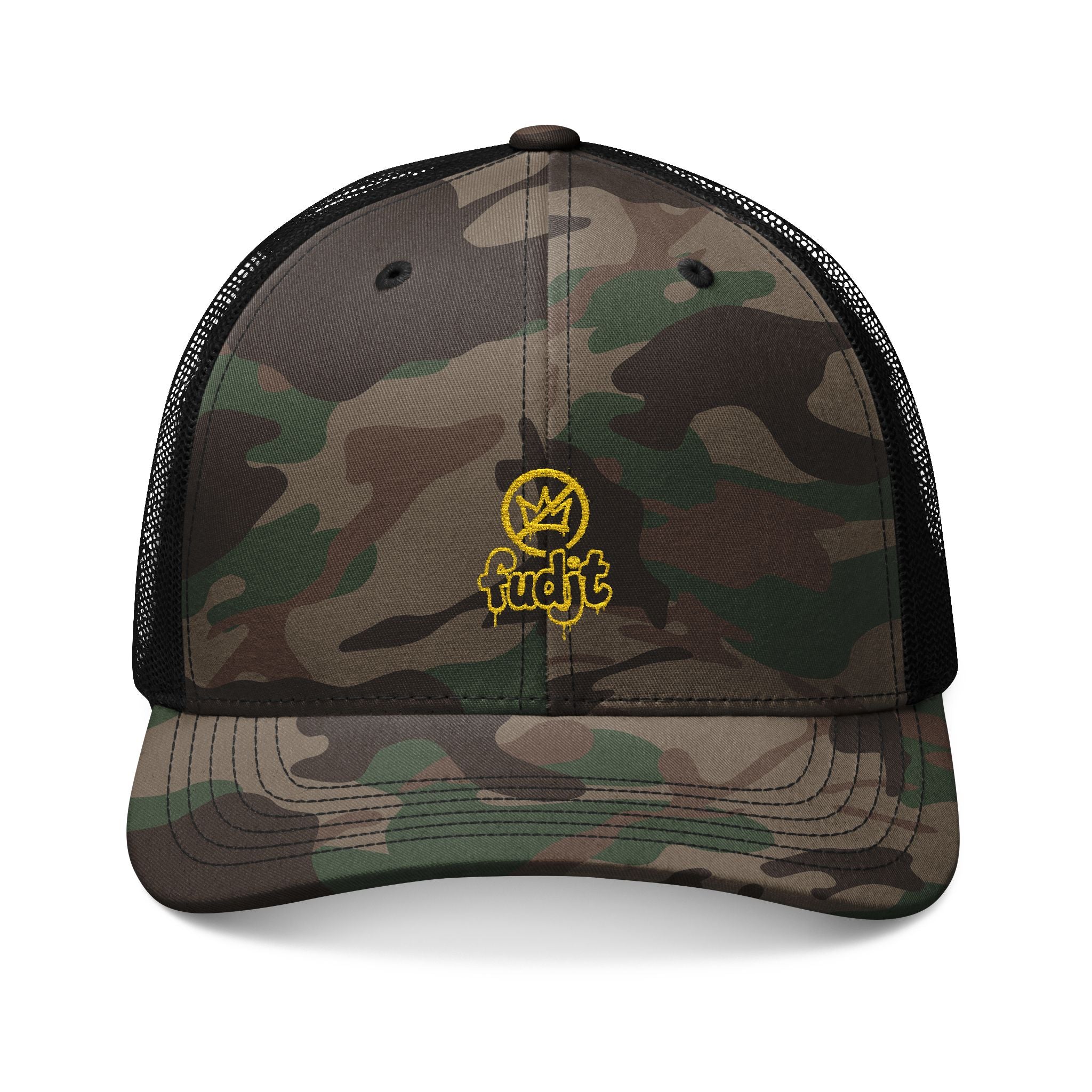 Camouflage Trucker Hat with Golden fudjt No Kings Embroidery | 3 Colors