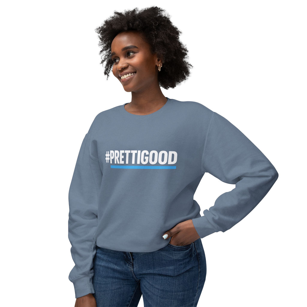 #PrettiGood Crewneck Sweatshirt — Blue Star Graphic Backside, Premium Casual Pullover | 7 Colors