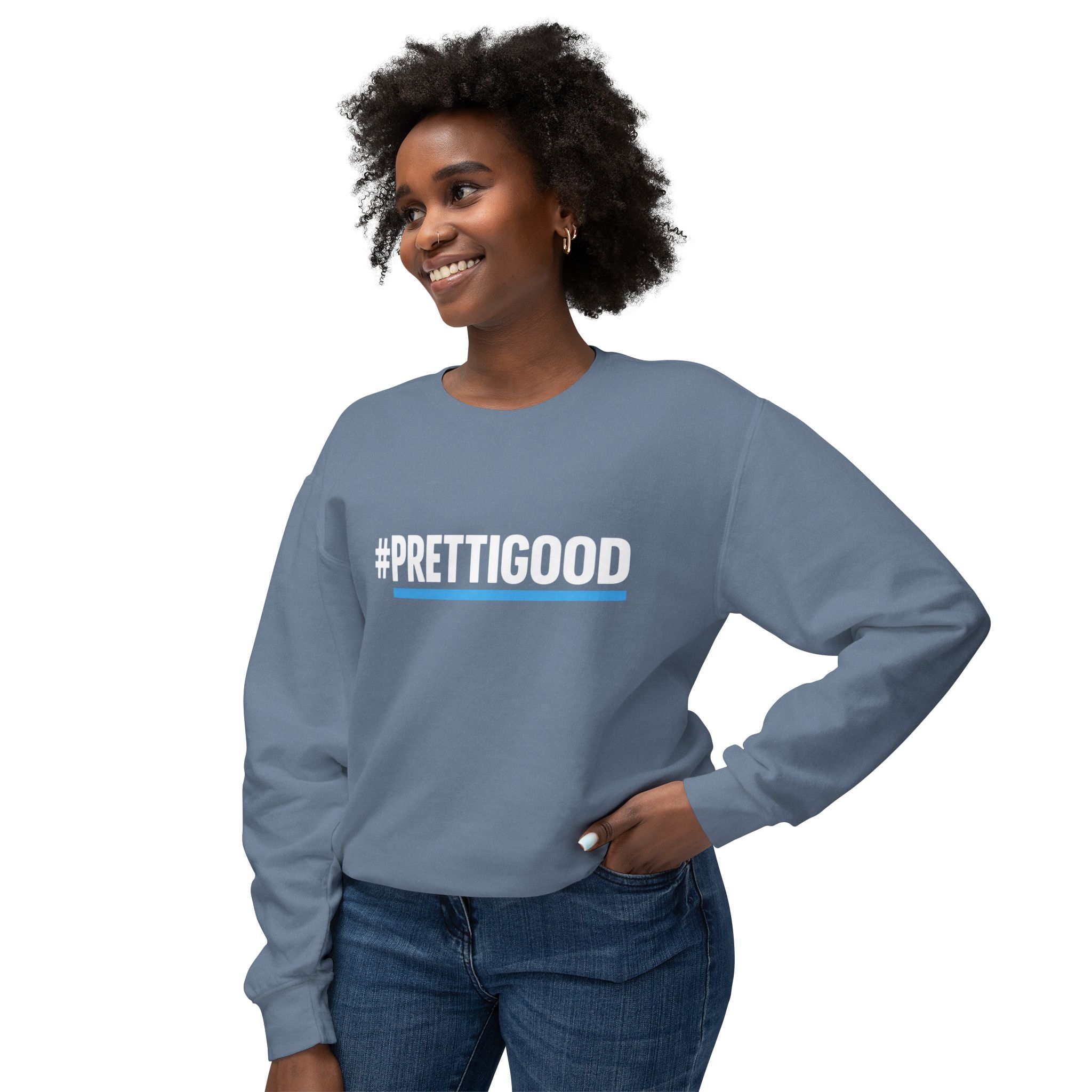 #PrettiGood Crewneck Sweatshirt — Blue Star Graphic Backside, Premium Casual Pullover | 7 Colors