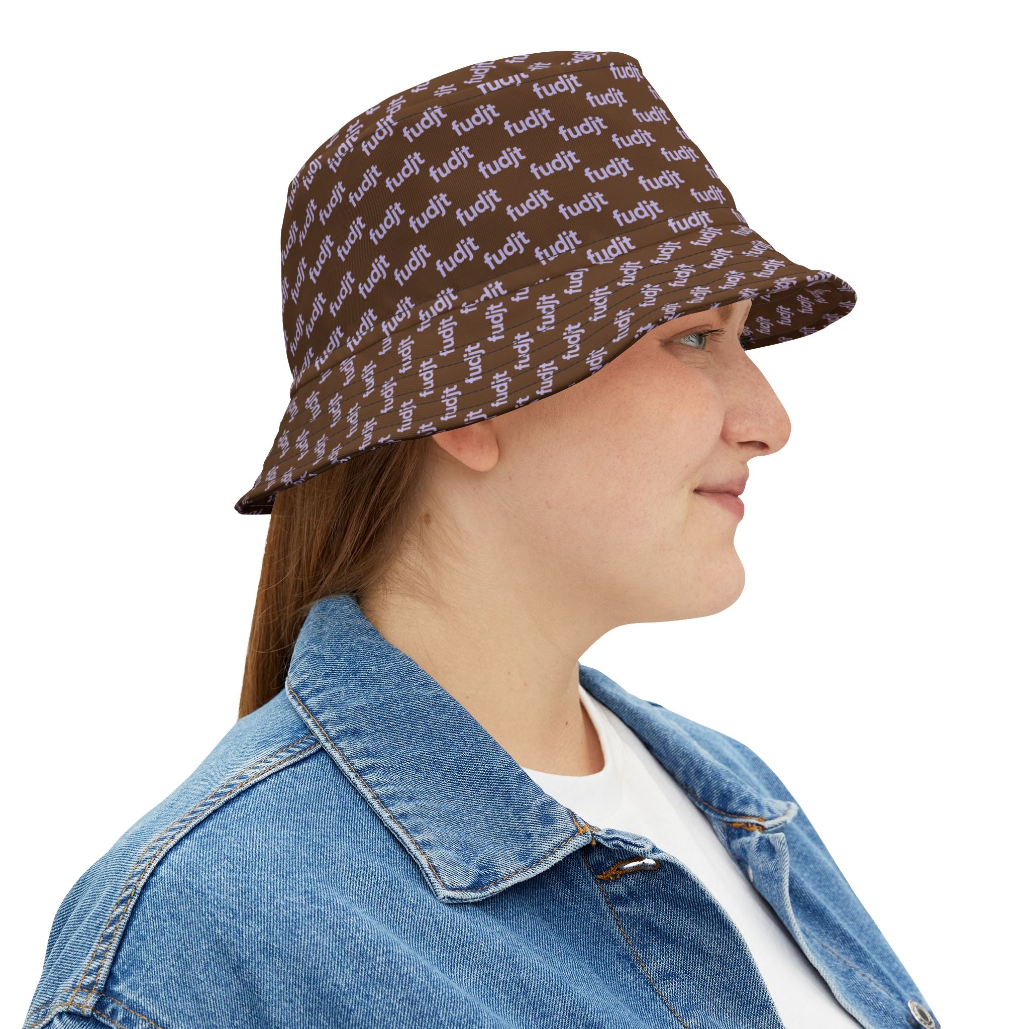 Trendy Lavender fudjt All Over on Dark Brown Bucket Hat