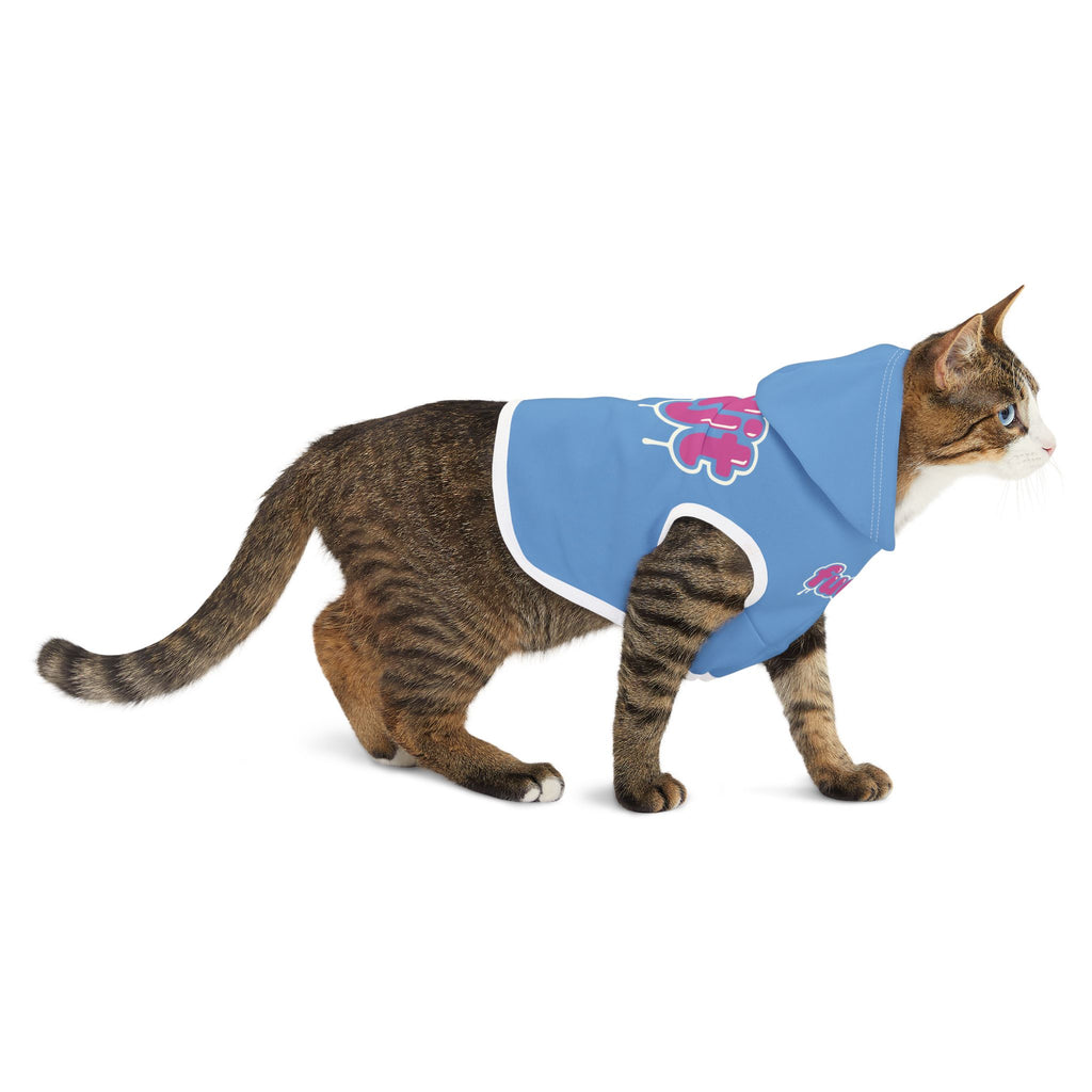 Light Blue fudjt Pet Hoodie with Pink Drip Design