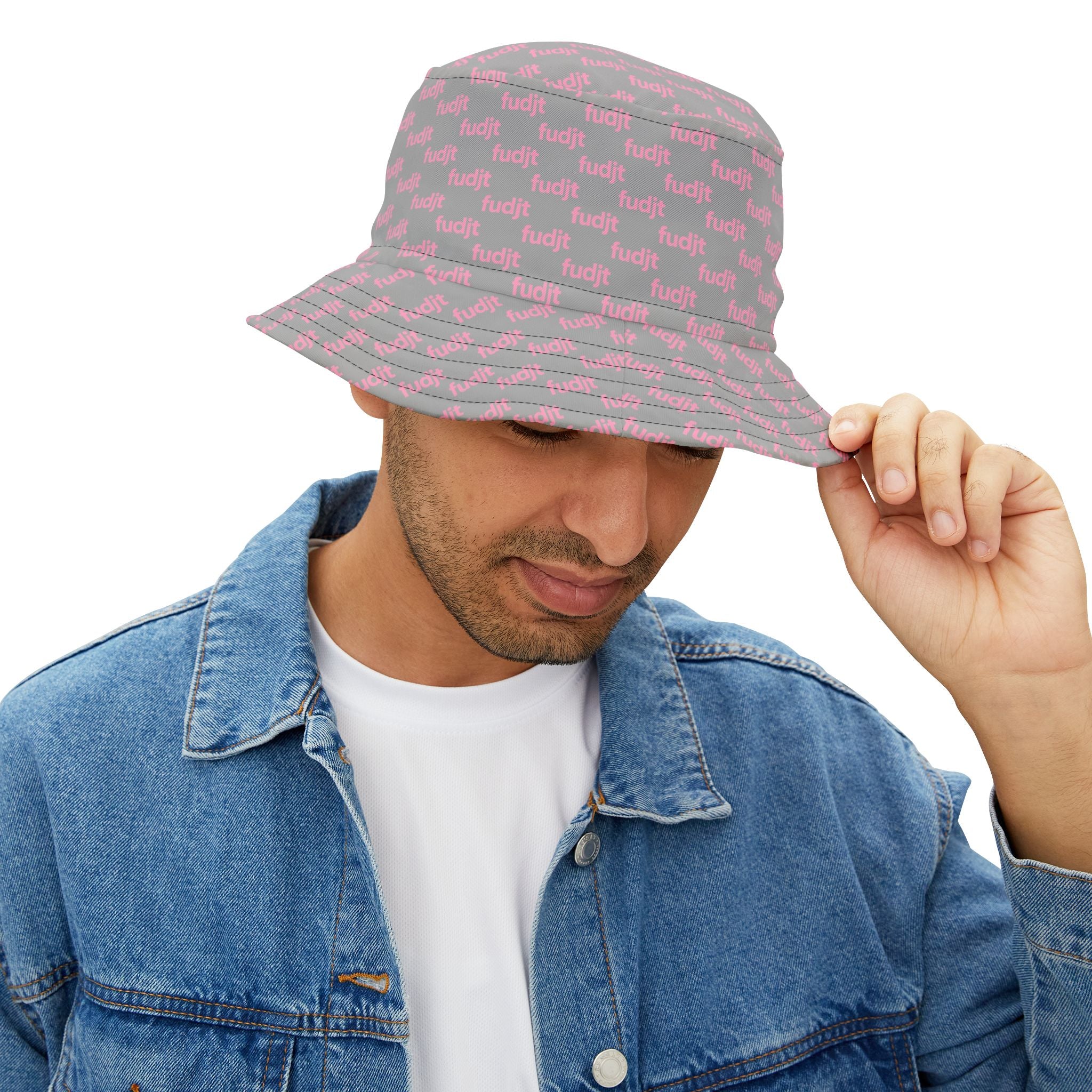 Trendy Pink fudjt All Over on Light Gray Bucket Hat