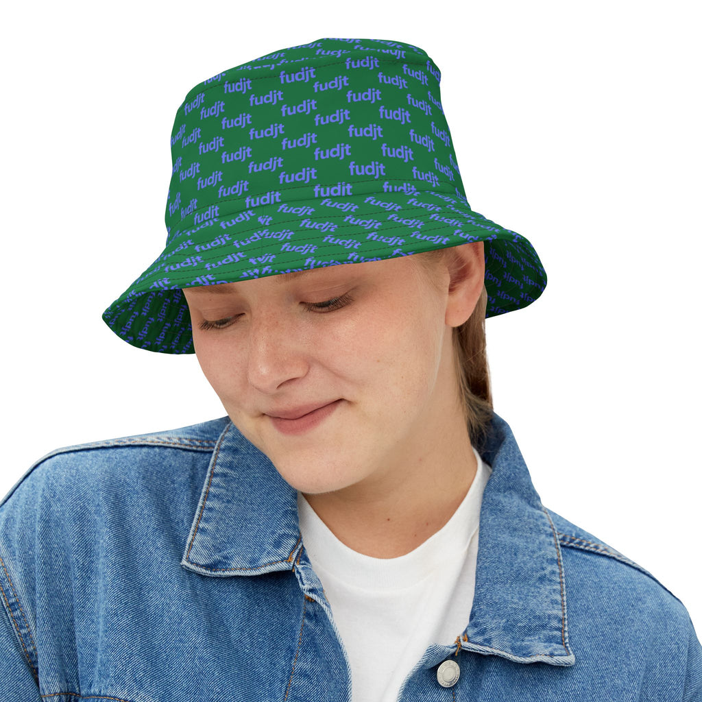 Trendy Light Blue fudjt All Over on Dark Green Bucket Hat