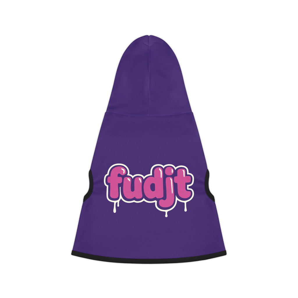 Purple fudjt Pet Hoodie with Pink Drip Design