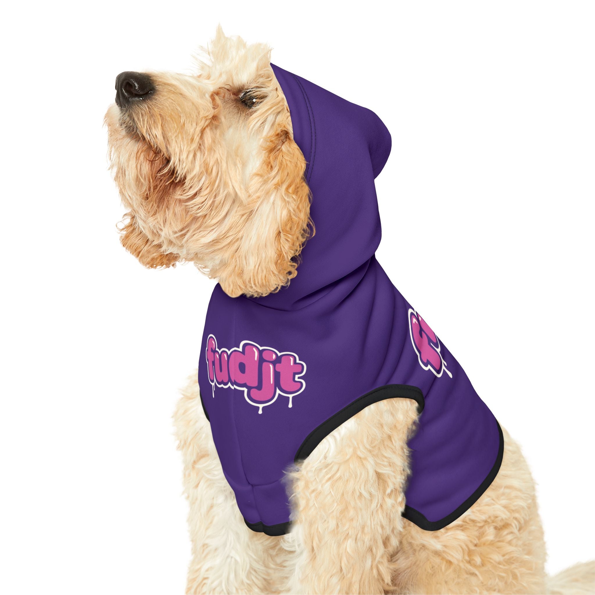 Purple fudjt Pet Hoodie with Pink Drip Design