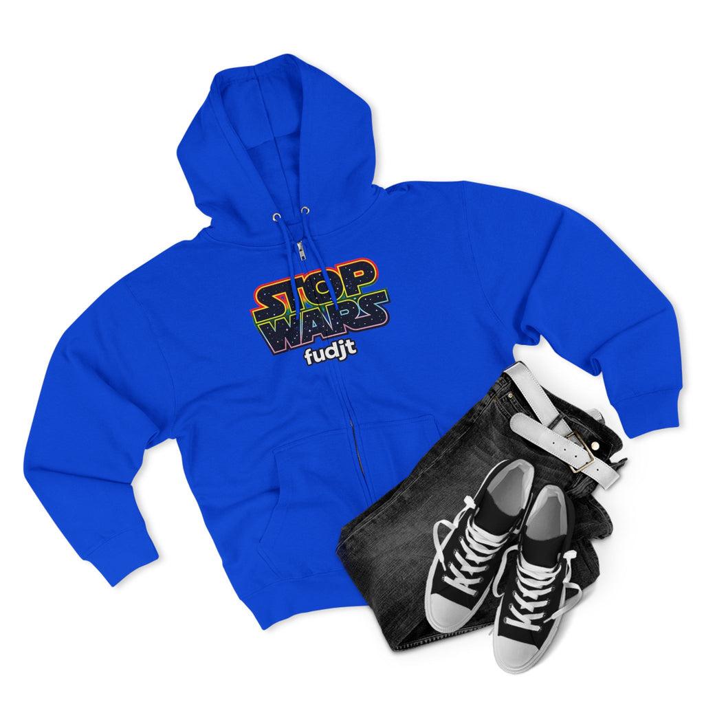 fudjt Stop Wars Zip Hoodie | Front & Back Graphic, White fudjt | 6 Colors