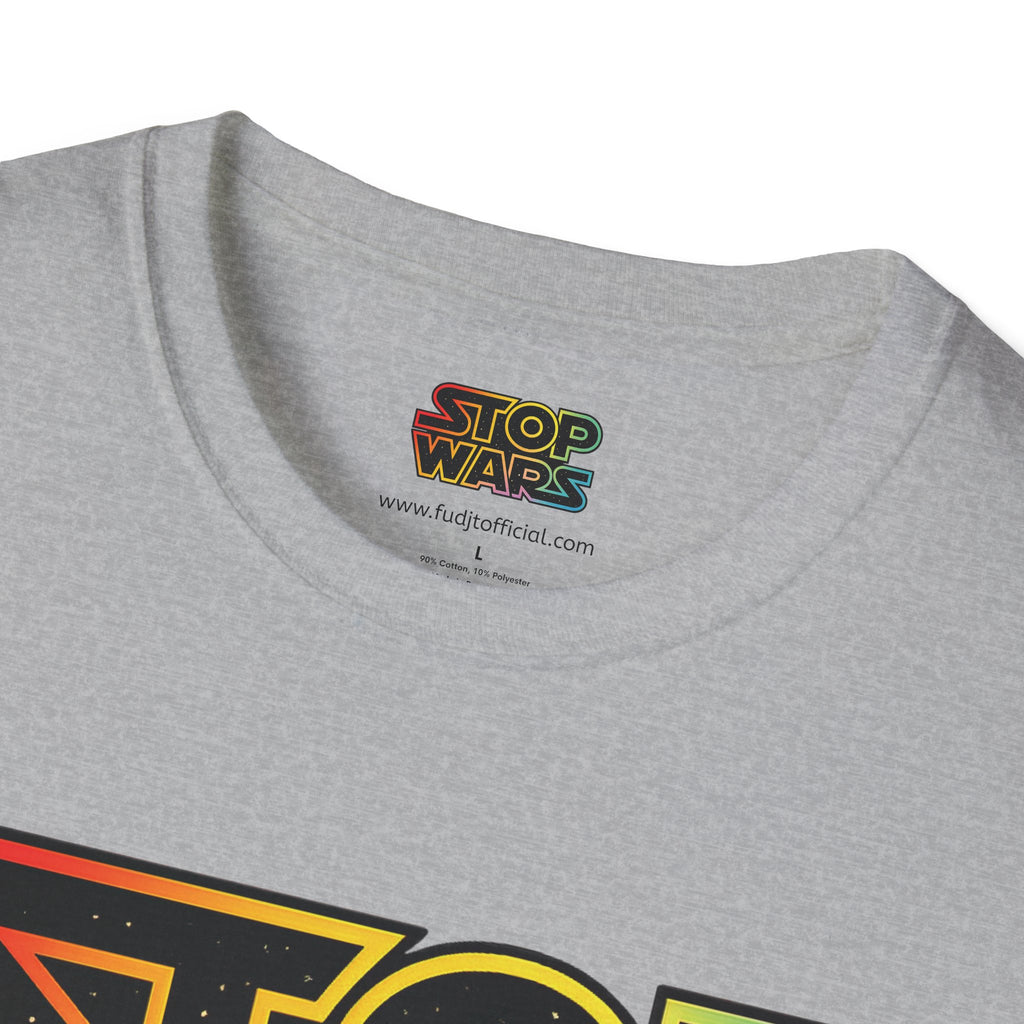 fudjt "STOP WARS" Retro Rainbow Anti-War Everyday Soft & Stylish Tee | Front & Back Graphic, Black fudjt | 7 Colors