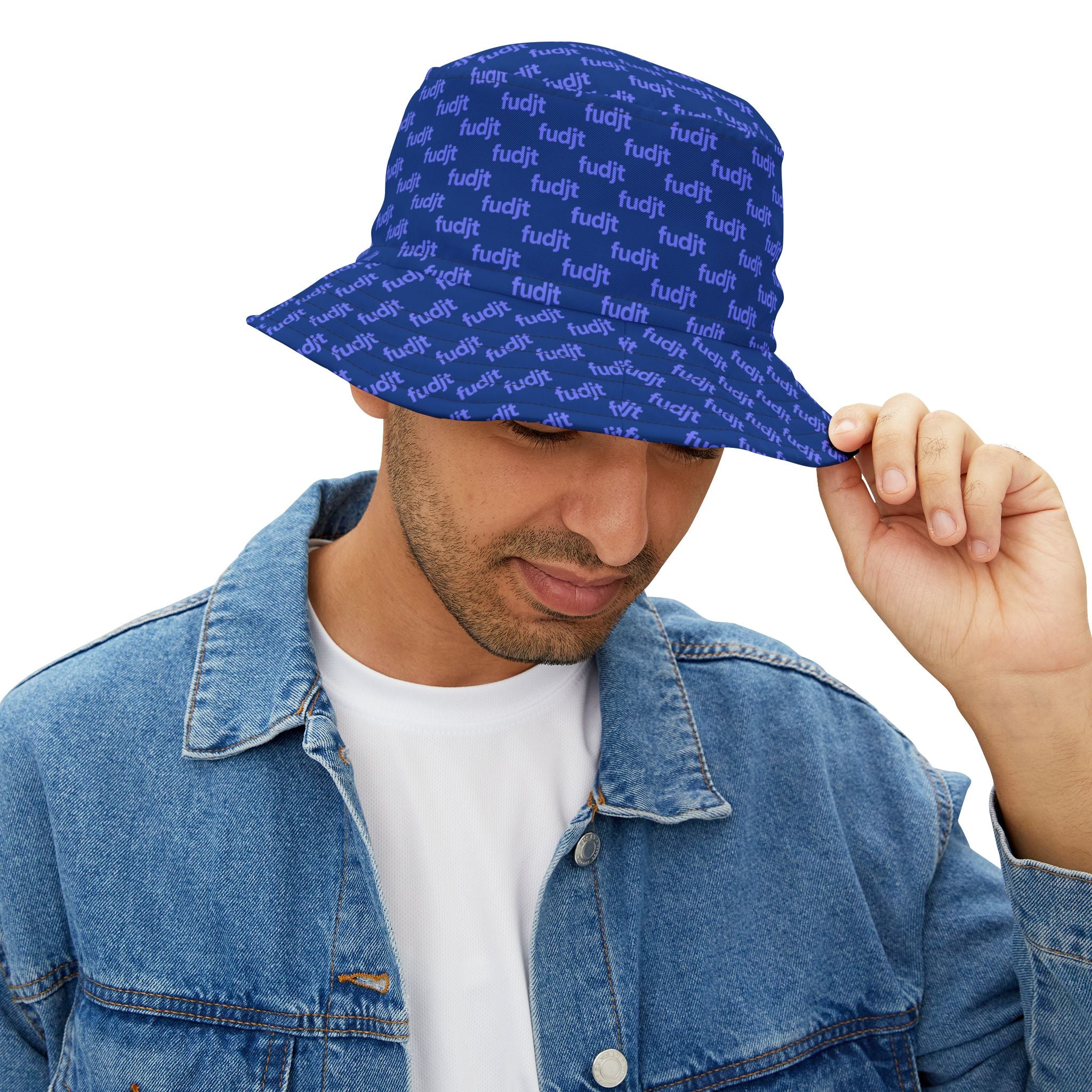 Trendy Light Blue fudjt All Over on Dark Blue Bucket Hat